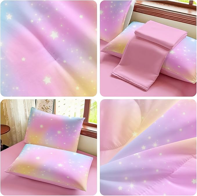 Rainbow Bedding Set Twin Size – 5 Piece Reversible Girls Comforter with Deep-Pocket Sheet, Gradient Galaxy Design, Whole-Piece Filling, Machine Washable Bed-in-a-Bag for Kids Room Makeover & Gifts