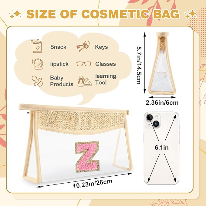Small Boho Straw Initial Letter Makeup Bag Personalized Gift ,Cute Clear Chenille Patch Makeup Bag With Zipper,Trendy TSA Approved Travel Toiletry Bag,Gift for Women Girls Birthday Friend, Letter Z
