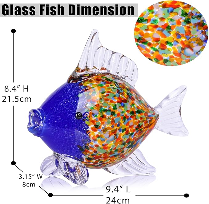 Colorful Blown Glass Fish Figurine – Blue Art Animal Sculpture for Ocean Coastal Home Decor, Handcrafted Glass Fish Ornament for Tabletop, Shelf, or Aquarium Theme Display (G)