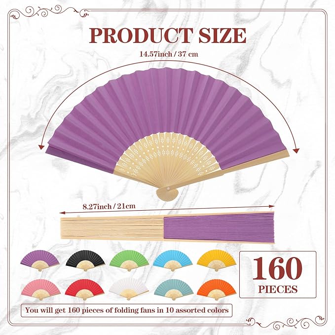 Yinkin 160 Pack Folding Fans Bamboo Handheld Folded Craft Hand Japanese Chinese Fans for Weddings Bridal Dancing Church DIY Decoration Women Kids Gift Party Favors (Multi Colors)