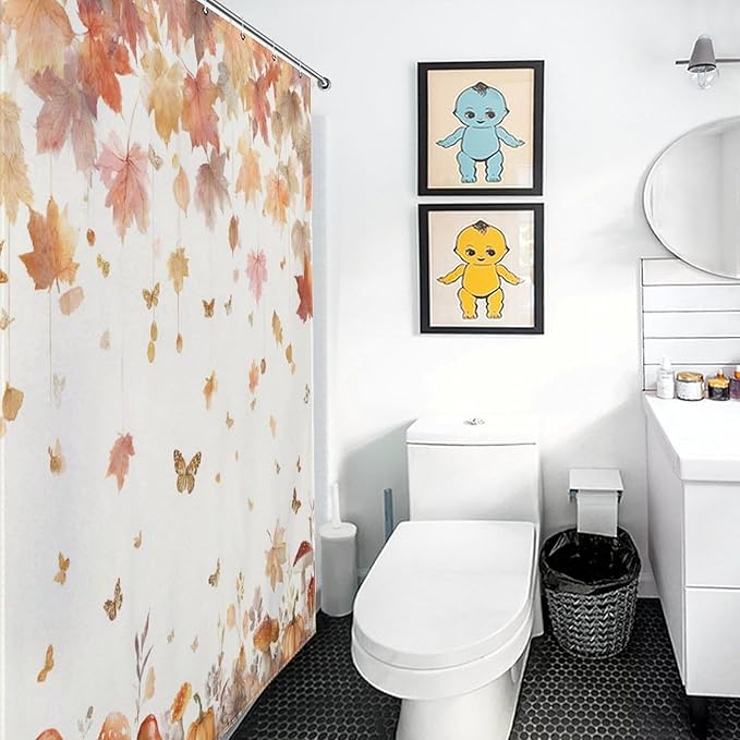 Fall Pumpkin Shower Curtain Autumn Maple Leaves Thanksgiving Harvest Waterproof Washable Fabric Bathroom Shower Curtains for Bathroom Decorations Home Indoor Decor 35x72Inch