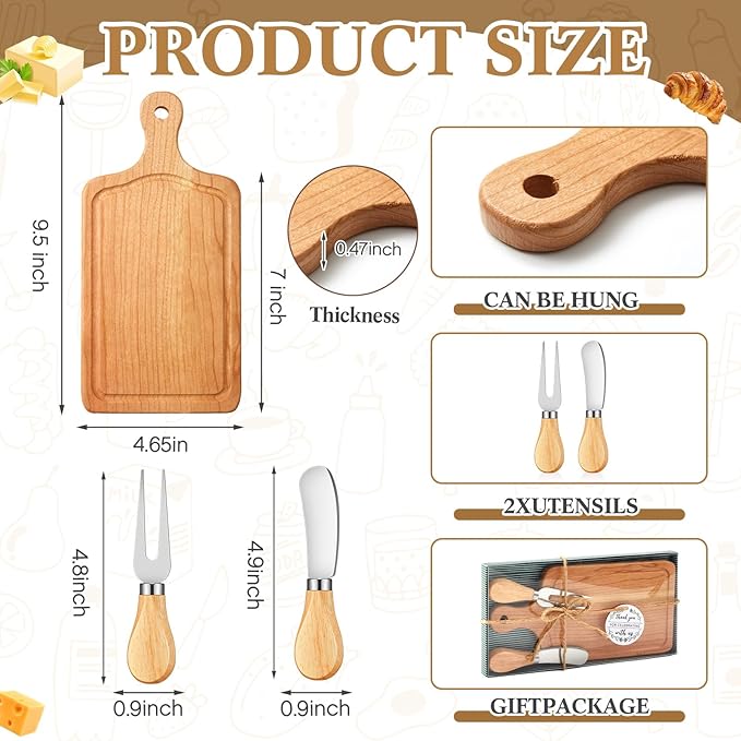 1 Set Bridal Baby Shower Cheese Prizes Wooden Square Board Gift Set Knives Forks Thank You Tags with Box for Guests for Valentines Bridal Baby Shower Housewarming (Cherry Wood)