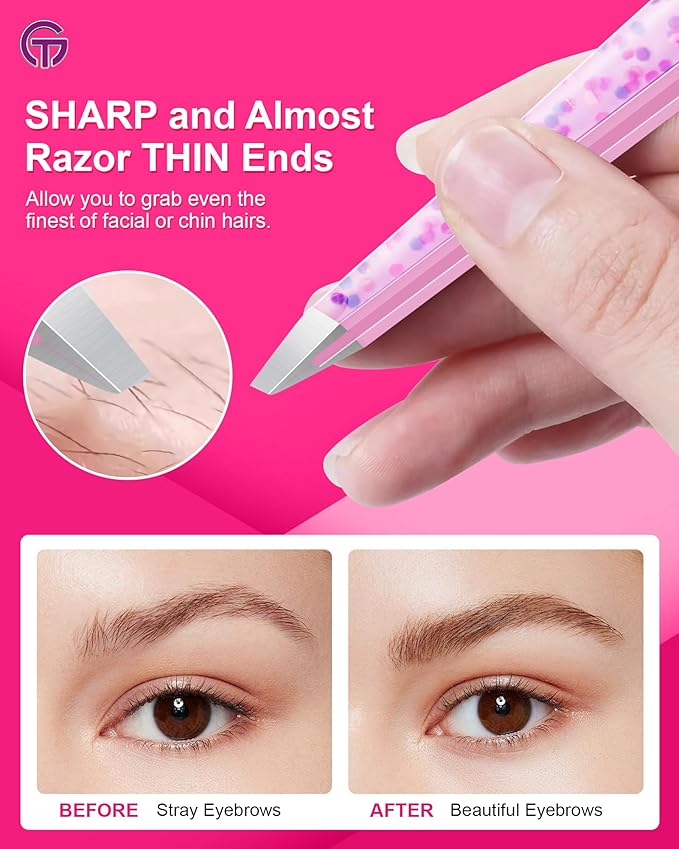 Expert Eyebrow Hair Removal Tweezer with Leather Case, GlamTweeler High Precision Slant Tip Stainless Steel Tweezers for Men and Women (Cherry Blossom Pink)