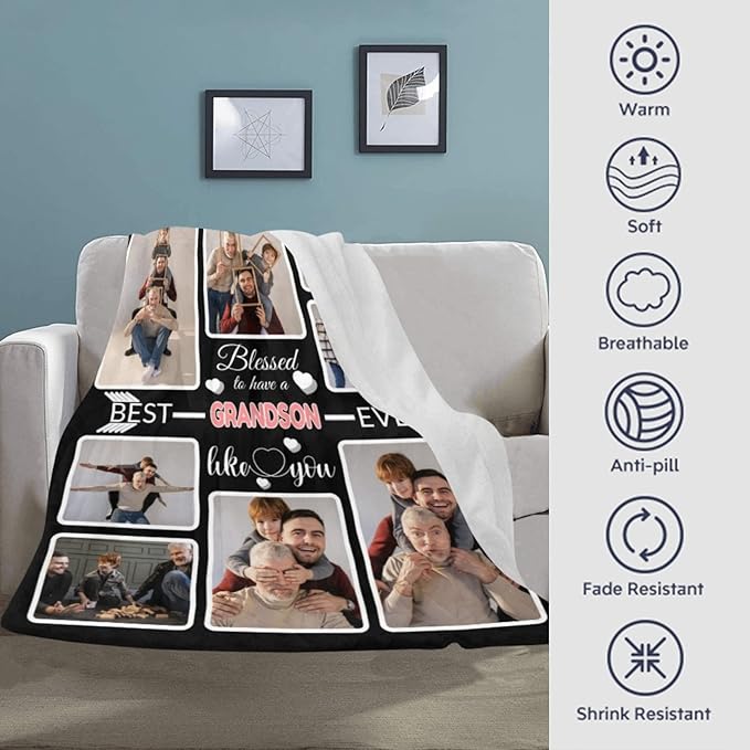 Custom Blanket Gifts for Grandson, Customized Blankets with Photos, Make a Personalized Bed Throws to My Grandson, Custom Souvenir Throw Blanket for Best Grandson Ever, 8 Collages Made in USA