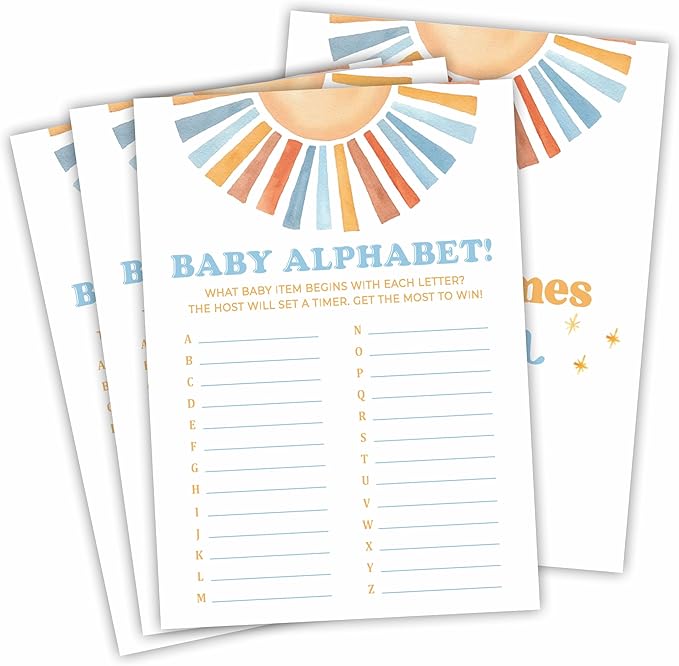 Sunshine Baby Alphabet Baby Shower Game Kit - Retro Here Comes The Sun - 30 Double-Sided Fill In Game Cards For Baby Shower, Gender Reveal Party Favor, Activity & Supplies - D03