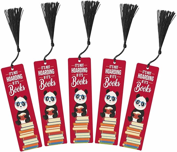 Panda Reading Bookmarks 5 Pcs Books Hoarding Red Wooden Bookmark with Tassels for Reading Book Lovers Gift Office School Readers Teacher