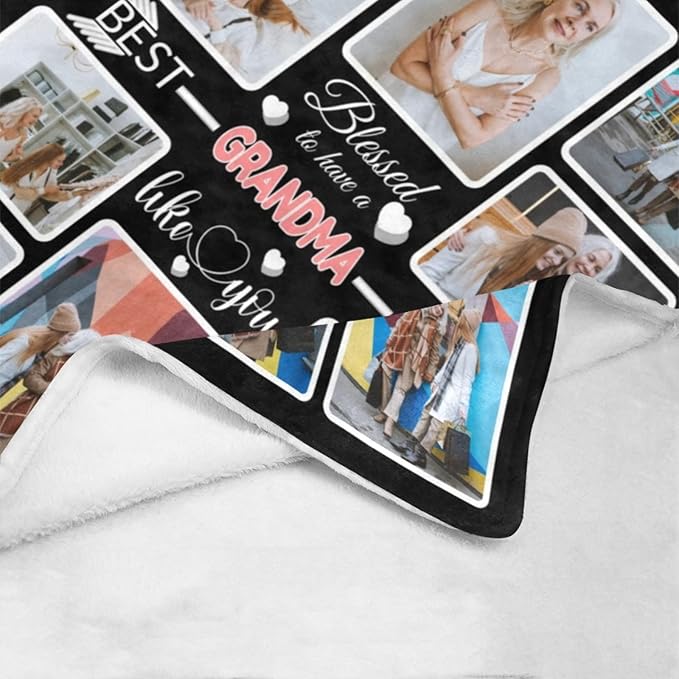Custom Blanket Gifts for Grandma, Customized Blankets with Photos, Make a Personalized Bed Throws to My Grandma, Custom Souvenir Throw Blanket for Best Grandma Ever, 8 Collages Made in USA