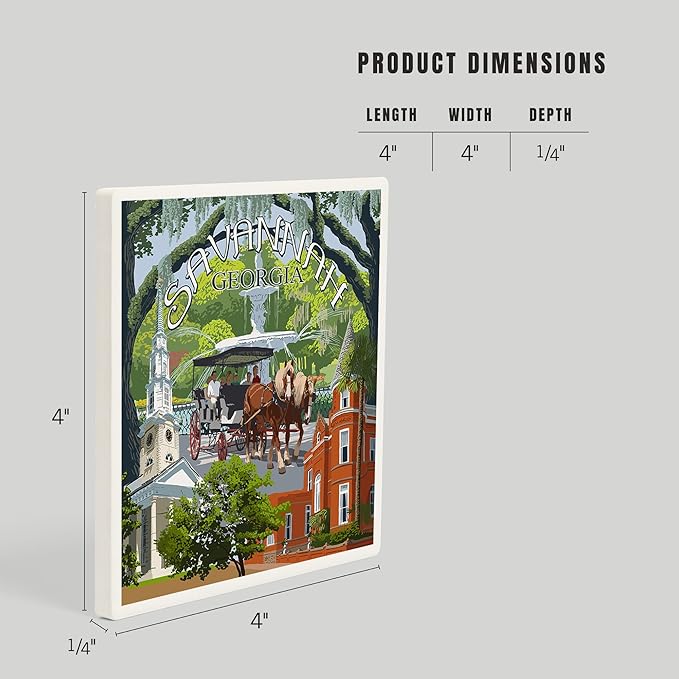 Lantern Press Savannah, Georgia, Town Views (Absorbent Ceramic Coaster, Single, Cork Back, Kitchen Table Decor)