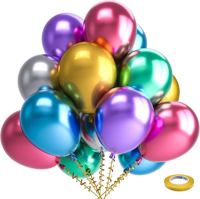 Bezente Metallic Chrome Latex Balloons, 100 Pack 12 inch Assorted Balloons Colorful Party Balloons for Birthday Bridal Shower Wedding Decorations