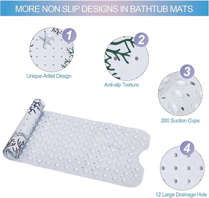 Seahorse Bathtub Mat Non Slip for Kids 40x16in Extra Long Anti Slip Bath Mat for Tub Abstract Bath Shower Mat with Large Drain Holes and Suction Cups Quality Honeycomb Design Bathroom Decor