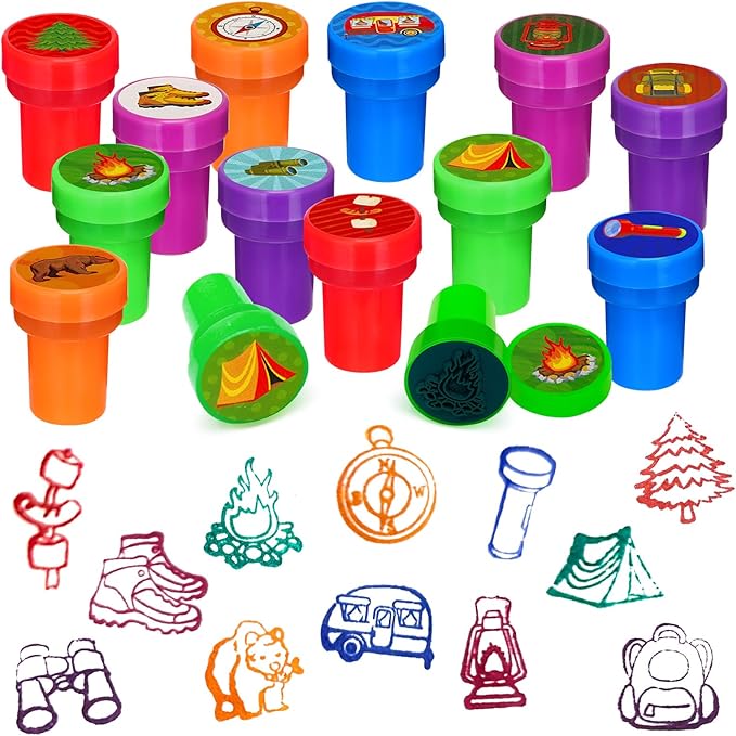 Cinrobiye 24 Pcs Happy Camper Stampers for Boys Girls, Camping Adventure Birthday Party Supplies Favors, Classroom Rewards, Carnival Prizes, Goodie Bag Pinata Fillers for Campfire Tent Hiking Party