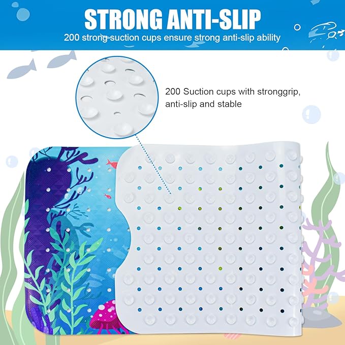 Vanleonet Baby Bath Mat for Tub, 40''x17'' Extra Long Bathtub Mat Non Slip, Bathtub Mat Non Slip Kids with Suction Cups & Drain Holes, Machine Washable, Sea Turtle