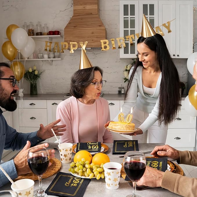 60th Birthday Cocktail Party Napkins-50PCS 13 * 13 inches Cheers to Years Disposable Paper Napkins for Birthday Wedding Anniversary Decorations Party Props Supplies Black and Gold (60th Napkins)