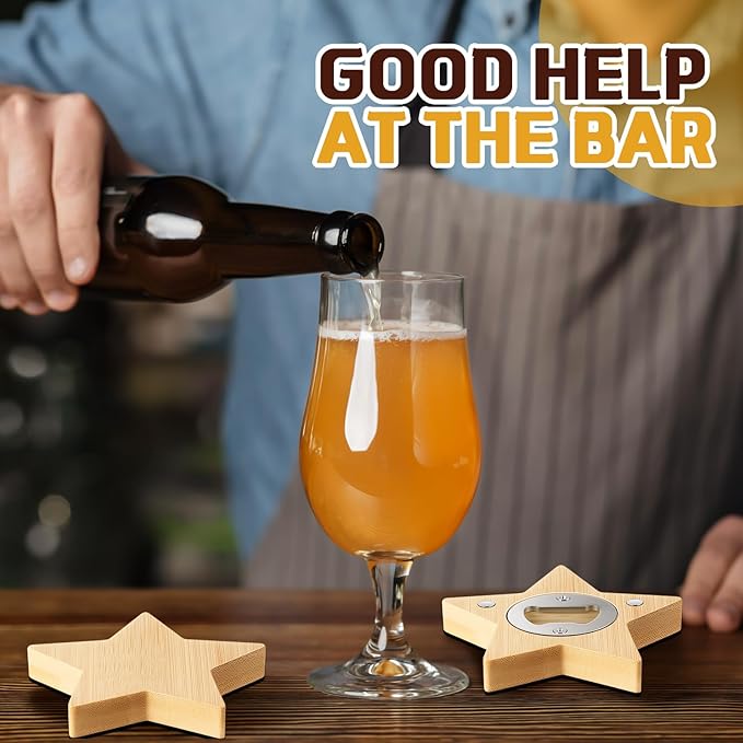 Vesici 24 Pcs Magnetic Bottle Opener 2.5in DIY Bamboo Star Shape Beer Openers Wooden Fridge Magnet Refrigerator Sticker Gift for Beer Lover Wedding Guest Kitchens Bars Parties
