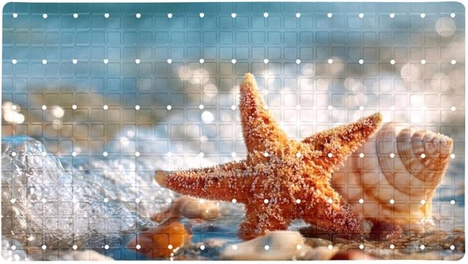 Starfish and Seashell on The Summer Beach in Sea Water Bath Tub and Shower Mats, Non Slip Bathmat with Drain Holes and Suction Cups for Bathroom Floor, 15.1 x 26.8 Inch