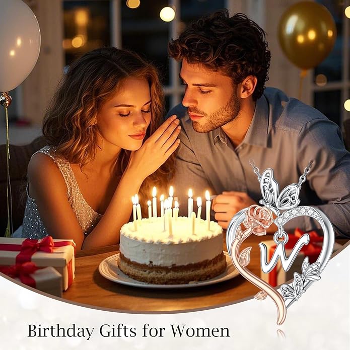 TOUPOP Rose Heart Necklaces Gifts for Women 925 Sterling Silver Butterfly Heart Initial Necklace Anniversary Valentines Day Birthday Jewelry Gifts for Mom Her Wife Girlfriend Daughter