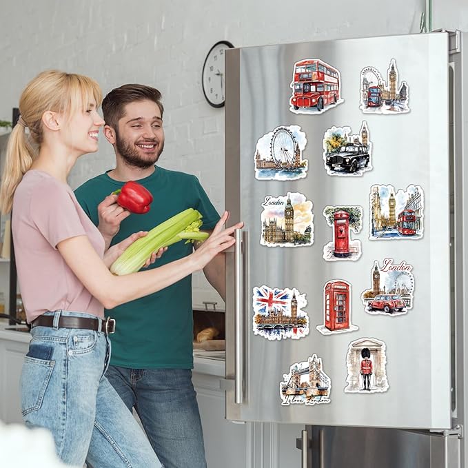 London Fridge Magnets Set - 12Pcs London Travel Souvenirs United Kingdom Refrigerator Magnet Tower Bridge British Deck Bus Fridge Magnetic Stickers for Home Office Kitchen Traveler Tourist Gift