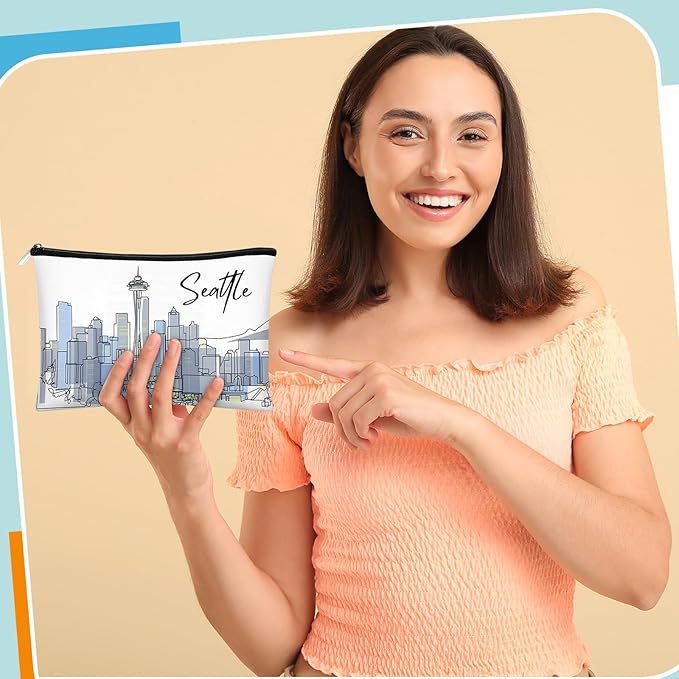 Reginary 6 Pcs City Cosmetic Bag Souvenir Gifts New York Zipper Pouch Chicago Souvenir Seattle Boston Nashville London Paris Italy Alaska Gifts Memento for Women Traveler(Seattle)