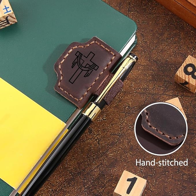 Custom Bookmark with Pen Holder with 26 Letters Personalized Magnetic Leather Book Mark, Customized Name Book Marker Clip with Initial for Men Women, Gifts for Book Lovers, Readers, (Red, Cross-2)