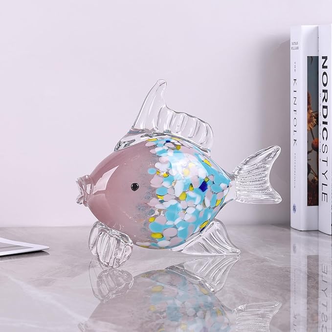 Large Glass Fish Figurine for Home Decor, Hand Blown Art Glass Ocean Animal Statue, Decorative Coastal and Beach Themed Sculpture for Table, Shelf, Bathroom, Living Room or Office