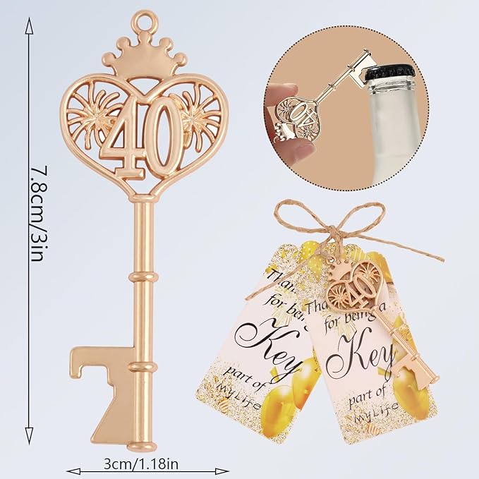24 Sets 40 Birthday Party Favors Key Bottle Opener, 40th Beer Opener Keychain Favors for Guest with Organza Bags and Tags,Beer Keychain Bottle Openers for Birthday Party Decoration Supplies (Gold-40)