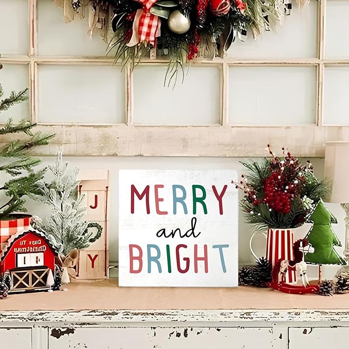 Mtrgdn Pastel Christmas Decoration for Home, Merry and Bright Xmas Wooden Box Sign Decor, Xmas Holiday Gifts, Merry Christmas Rustic Home Bedroom Bathroom Shelf Desk Decoration 5x5