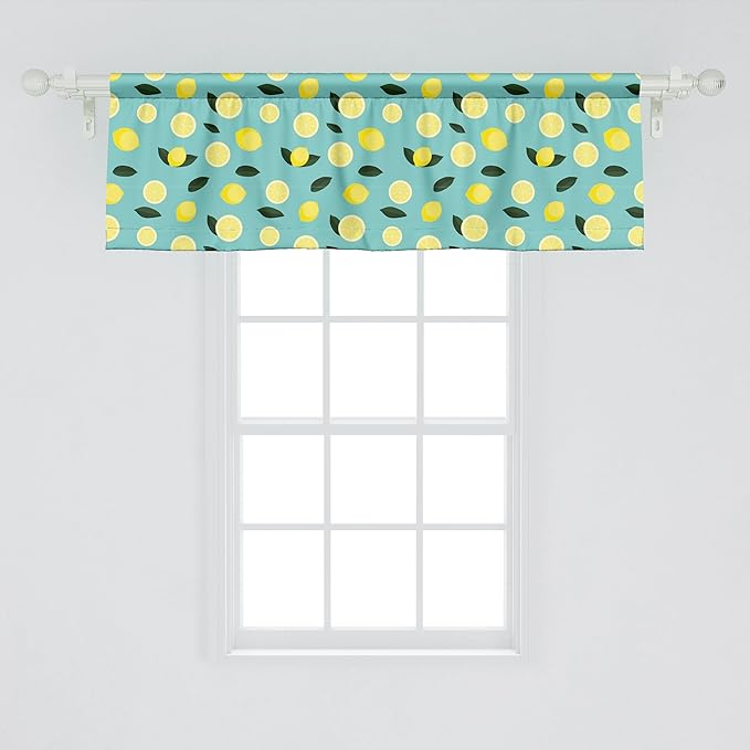 Ambesonne Lemons Window Valance, Tropical Citrus Slices Rhythmic Summer Tasty Continuous Pattern, Curtain Valance for Kitchen Bedroom Decor with Rod Pocket, 42" x 18", Emerald Pastel Yellow