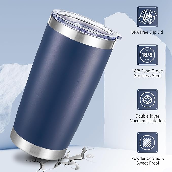 20 oz Tumbler Stainless Steel Tumblers with Lid Double Wall Vacuum Insulated Coffee Mug 20oz Powder Coated Cup for Hot and Cold Drinks, Navy, 1 pack