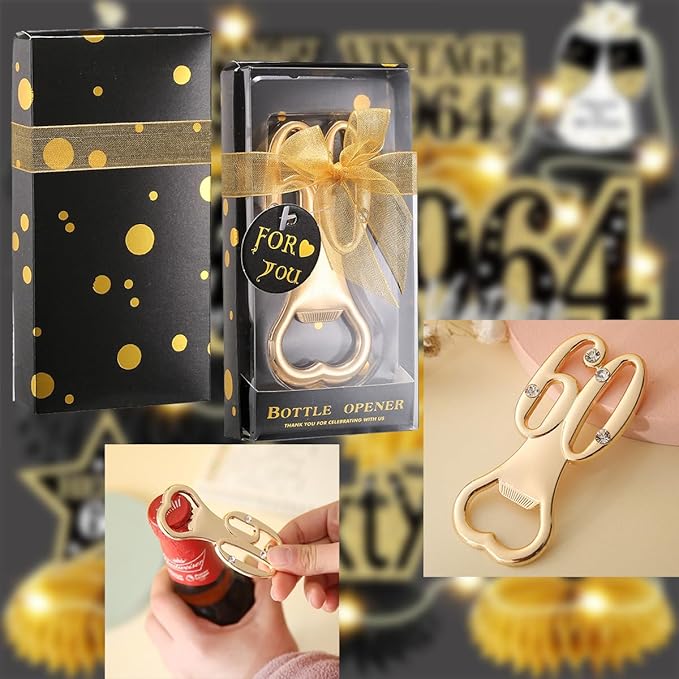24 Pack 60th Bottle Openers Golden 60th Birthday Favors for Guests 60th Birthday Bottle Opener Party Favors 60th Wedding Anniversary Party Souvenirs Decorations (Black Gold 60)