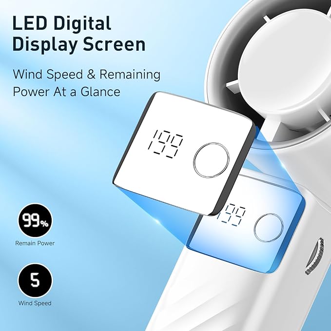 Portable Handheld Turbo Fan - Foldable Mini Fan with Air Turbo Tech, 1-199 Speed Adjustment, 20H Runtime, LED Display, Battery-Powered for Indoor/Outdoor Use Light White
