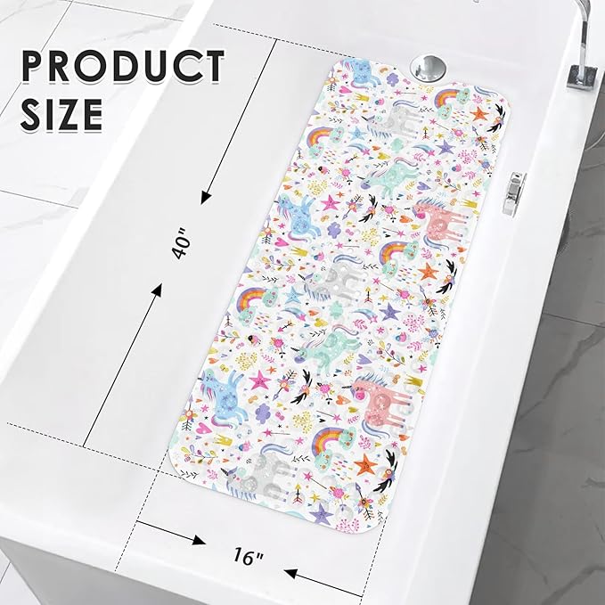 Baby Bath Mat for Tub for Kids, Rainbow Cute Horse Unicorn 40 X 16 Inch Extra Long Toddler Bathtub Non Slip Sweet Happy Shower Mat for Tub Anti Slip with Suction Cups and Drain Holes