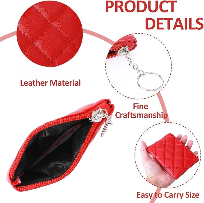 Real Leather Coin Purse with Rhombus Embroidery Zipper Keychain Mini Wallet for Women & Men (Red)