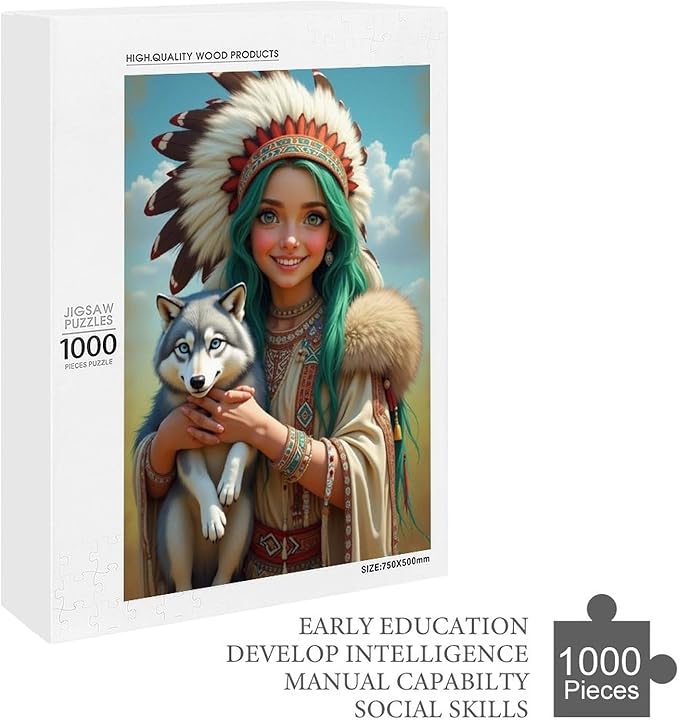 Puzzles for Adults 1000 Pieces Wooden Jigsaw Puzzle - Indian Beauty & Wolf，Native American Theme Puzzle，Party Games，Family Toys，Educational Puzzles，Stress Relief Wooden Puzzle，Home Decoration