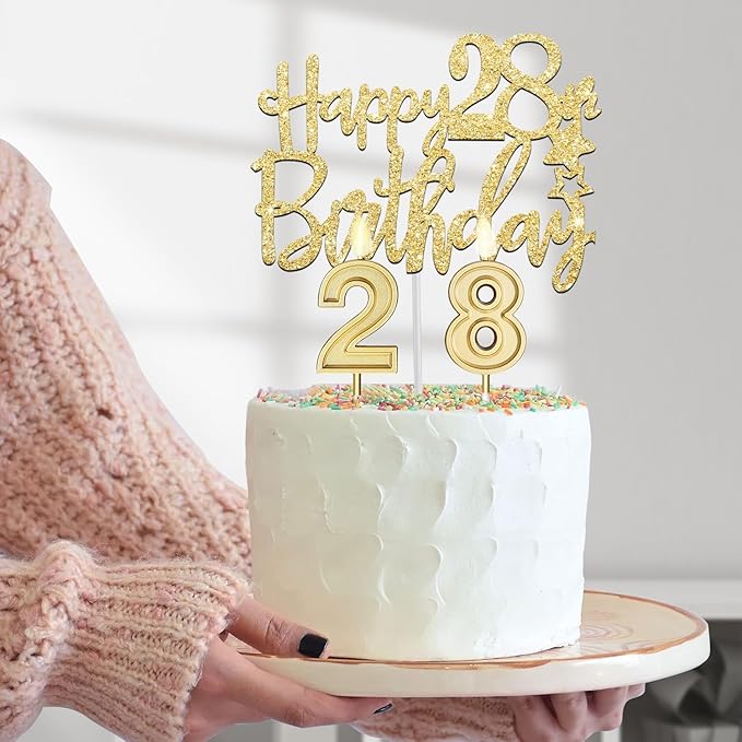 28th Birthday Decorations for Women Gold with Tiara, Sash, Cake Topper, Candles, Balloons, 28th Birthday Gifts for Women