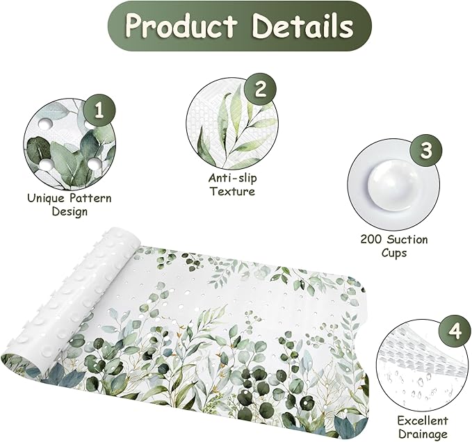 Bathtub Mat Non Slip, Sage Extra Long Bath tub Mat Shower Floor Mat with Suction Cups and Drain Holes for Adults Kids Elderly 40 X 16 Inch