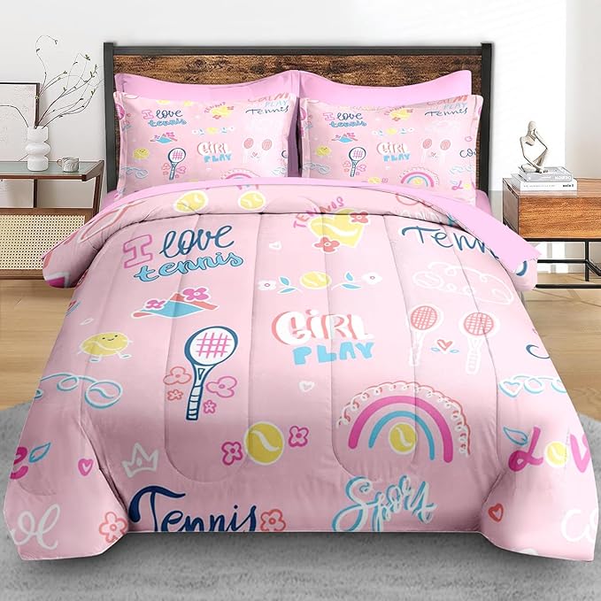 Comforter Set Twin Size, Cute Tennis Pink 5 Pcs Bedding for Kids and Adults, Rainbow Ball Flower Bed Sheet Sets with Fitted Sheet Pillowcase & Sham for Bedroom Bed Decor