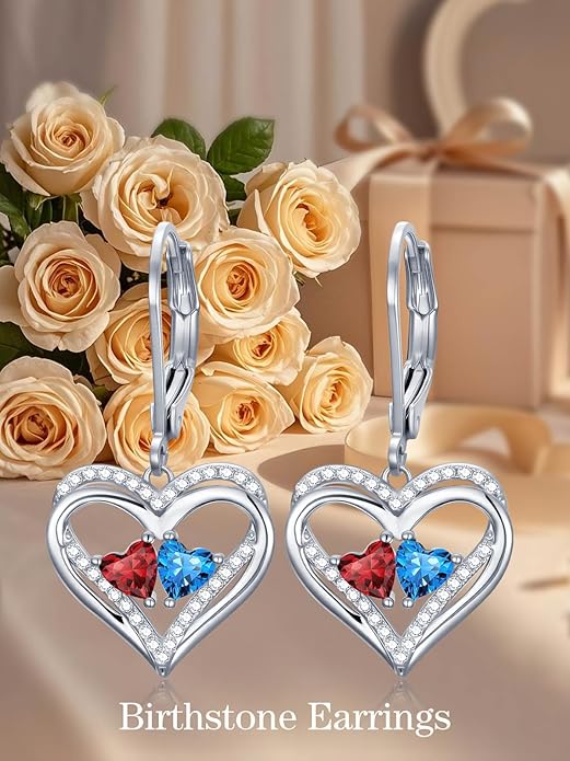 Heart Leverback Earrings Double Birthstone Dangle Earrings for Women, Love Jewelry for Her, Christmas Gifts for Women, Anniversary Birthday Gift for Mom Wife Girlfriend
