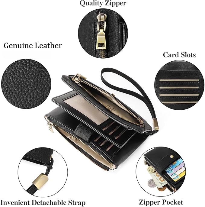 Practical Genuine Leather Wristlet Wallet for Women with Double Zipper Coin Purse and Card Organization (Black)