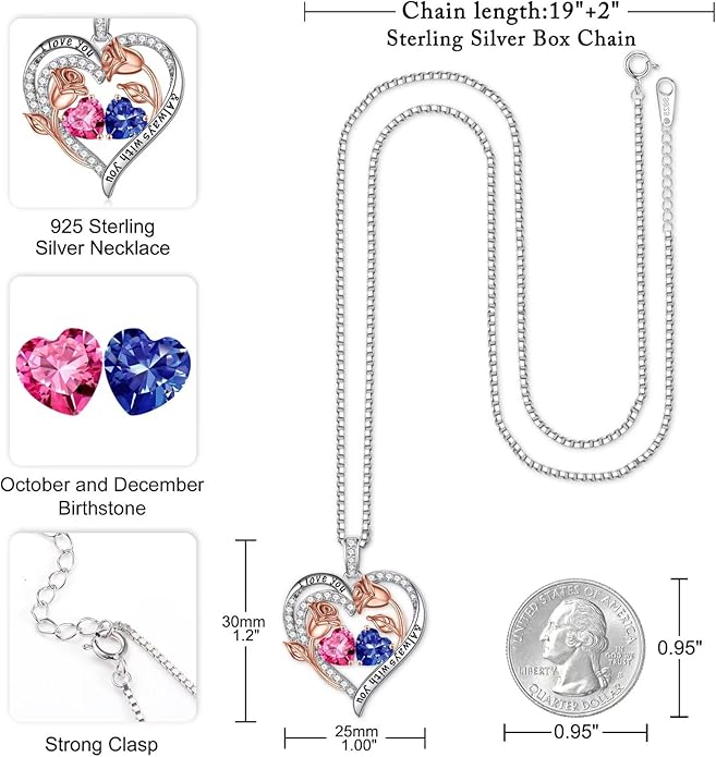 Iefil Valentines Day Gifts for Her - 925 Sterling Silver Rose Heart Birthstone Necklace Birthday Anniversary Jewelry Gifts for Her Wife Mom Daughter