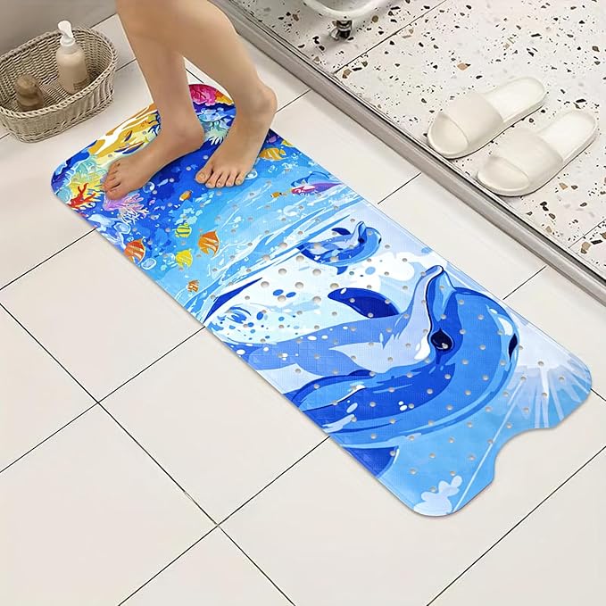 Vanleonet Baby Bathtub Mat Non Slip, 40''x16'' Extra Long Bathtub Mat Non Slip for Kids, Cartoon Shower Mat Anti Slip with Suction Cups & Drain Holes, Machine Washable, Dolphin