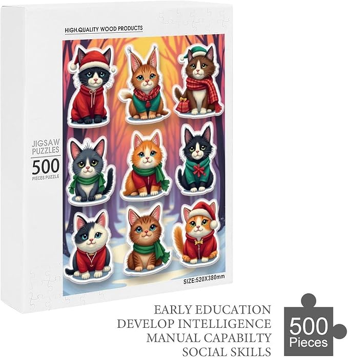 Wooden Puzzle 500 Pieces Adult - Christmas Cat Puzzle Christmas Puzzles, Holiday Puzzles, Family Toys, Party Games, Jigsaw Puzzle Challenge and Funny