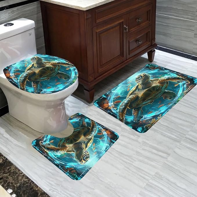 Turtle Shower Curtain - 4 Pcs Sea Turtle Shower Curtains for Bathroom Ocean Shower Curtains for Bathroom Coastal Shower Curtain Sea Themed Shower Curtain Sets with Shower Curtain and Rugs