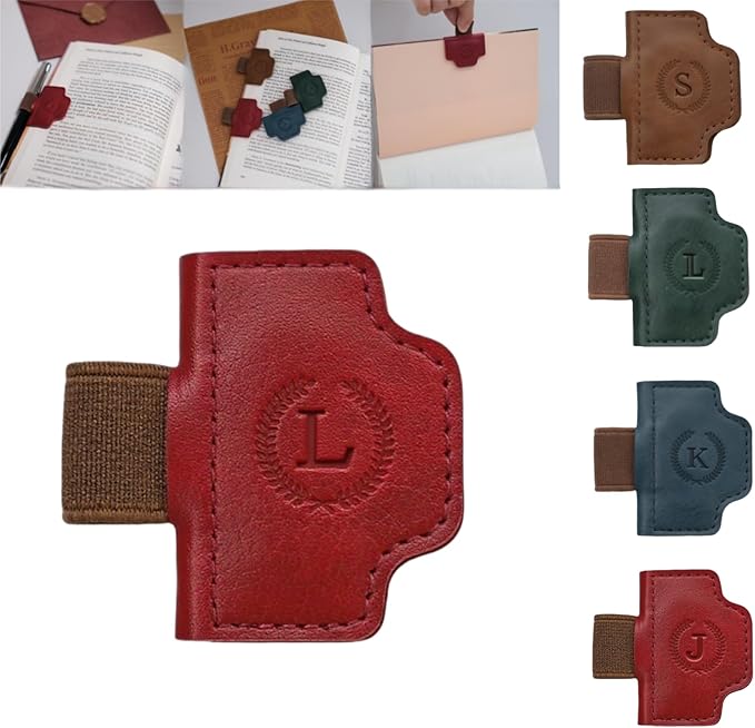 Personalized Magnetic Bygone Mark Bookmark with Pen Holder, 26 Letters Name Initial Custom Leather Book Mark for Women, Gifts for Book Lovers and Readers (Red,L)