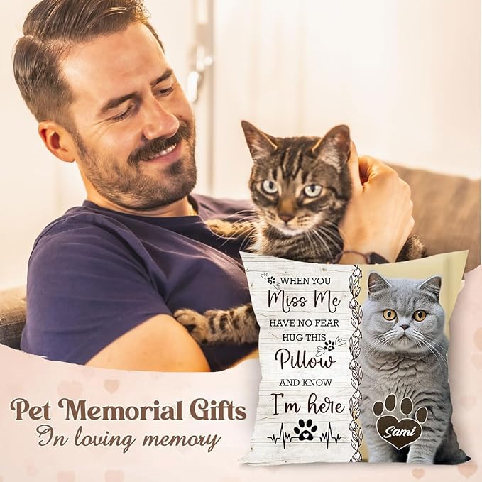 Personalized Pet Memorial Throw Pillow (Insert Included), When You Miss Me Hug This Pillow, Loss Of Cat Sympathy Gift, Cat Memorial Gifts For Loss Of Cat, Cat Remembrance Gifts, Cat Memorial Gifts