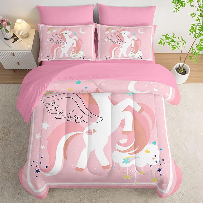 7Pcs Comforter Set Cartoon Pink Unicorn Printed Bedding Set with 1 Comforter,1 Flat Sheet,1 Fitted Sheet and 4 Pillowcases for Boys and Girls Bedroom All Season(Twin)