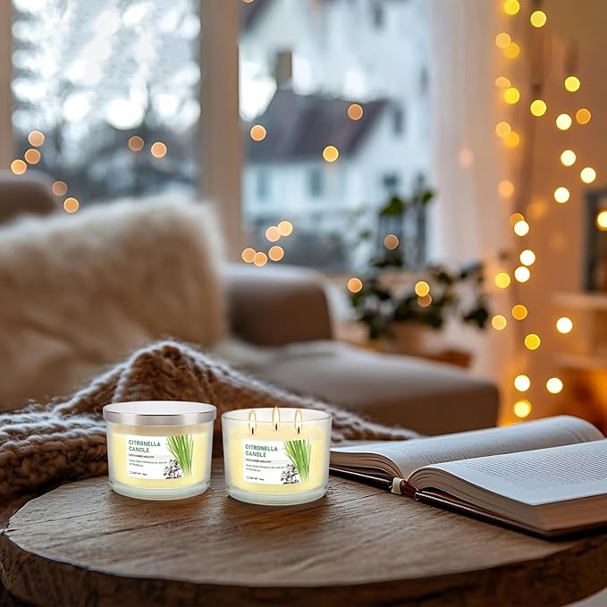 Citronella Candle Outdoor 2-Pack - 14oz Each 3-Wick Candles in Clear Glass Jars, Made with Citronella Oil & Soy Wax for Patio, Camping, Backyard, Emergency & Outdoor Ambiance.