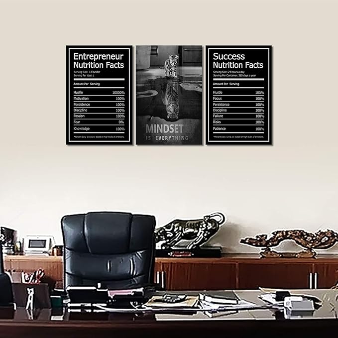 Mindset is Everything Wall Art Motivational Canvas Painting Wall Art Poster Prints Entrepreneur Bundle Set 3 Pieces Success Nutrition Facts (60" W x 28" H, Mindset)
