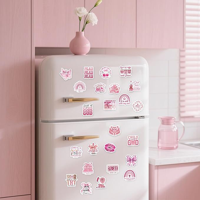 Pink Inspirational Fridge Magnet Stickers - 24 Pcs Pink Bow Refrigerator Magnet Inspirational Bible Christian Refrigerator Stickers for Home Kitchen Office Cruise Door Decor Christian Gifts