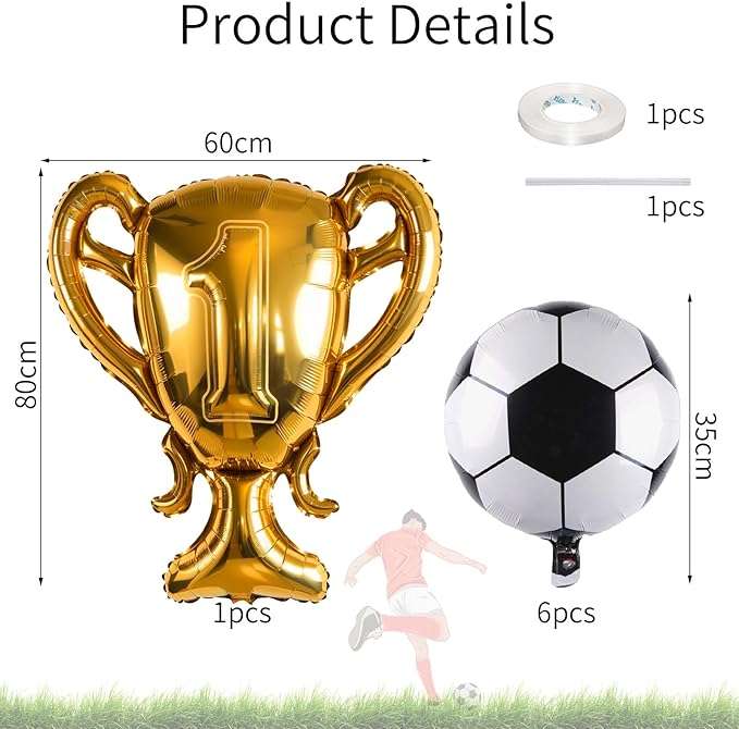 Soccer Party Balloons Set, 32 Inch Champion Trophy Mylar Foil Balloon and 6pcs Football Helium Foil Balloons, Sport Decor for Boys Kids Soccer Ball Fans Birthday Party Decoration Supplies