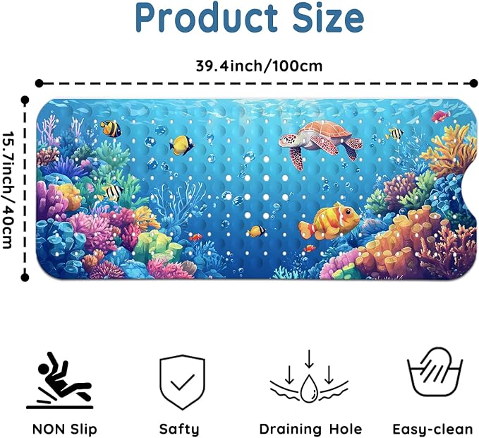 LNOND Bath Mat for Tub, Sea Turtles Bathtub mat Non Slip, Ocean World Bath Mats for Bathroom Non Slip with Drain Holes and Suction Cups,Machine Washable (40 X 16 Inch)